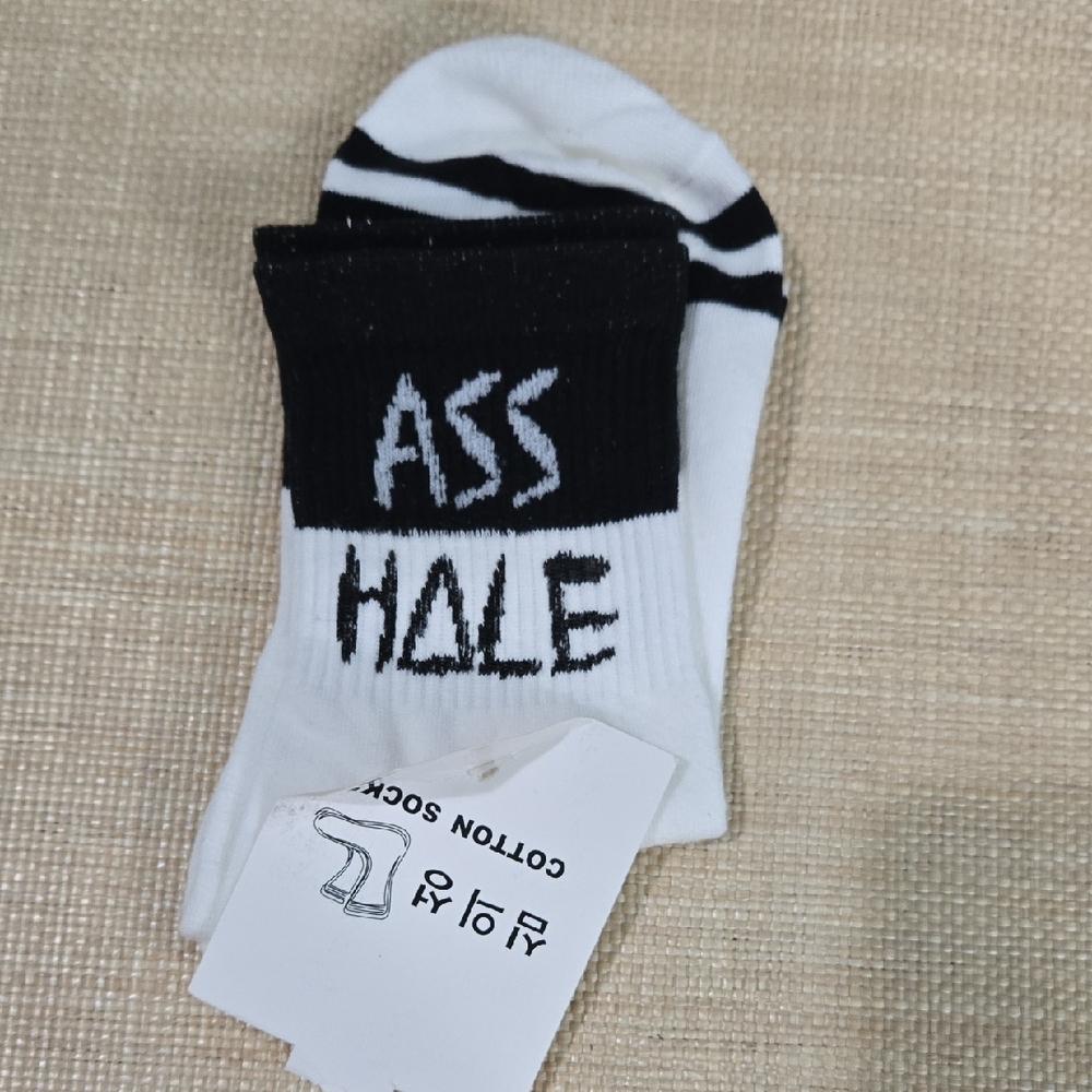 Muji White & Black Graphic Cotton Crew Socks
